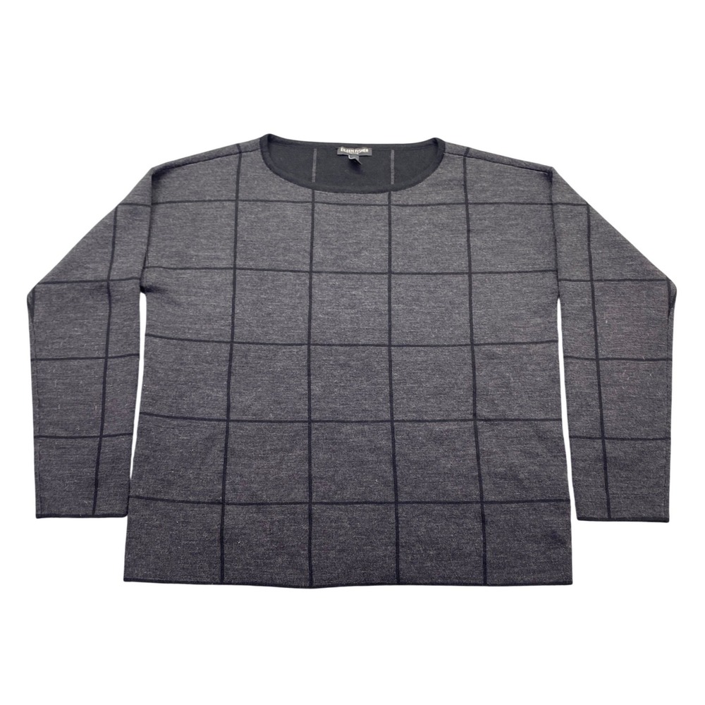 Eileen Fisher Petite Merino Wool Windowpane Grid Sweater Gray PM Cottagecore